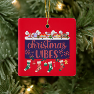 Christmas Vibes Stockings Red Square Ornament