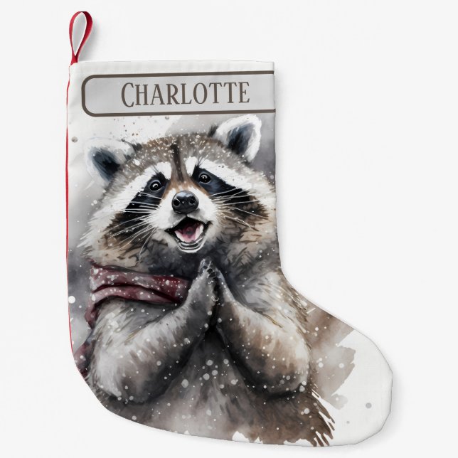 Christmas Vibes Watercolor Racoon -  Small Christmas Stocking (Front)