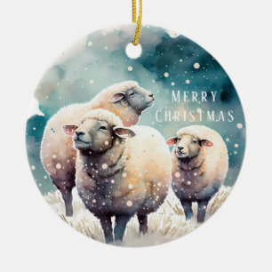 Christmas Vibes - Watercolor Sheep and Raccoon - Ceramic Tree Decoration