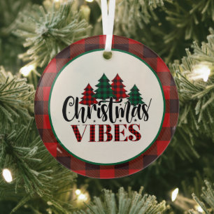 Christmas Vibes with Black and Red Plaid Glass Tree Decoration