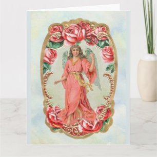 Christmas Victorian Angel Framed by Red Roses Card