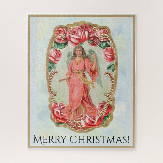 Christmas Victorian Angel Framed by Red Roses Gold Jigsaw Puzzle (Vertical)