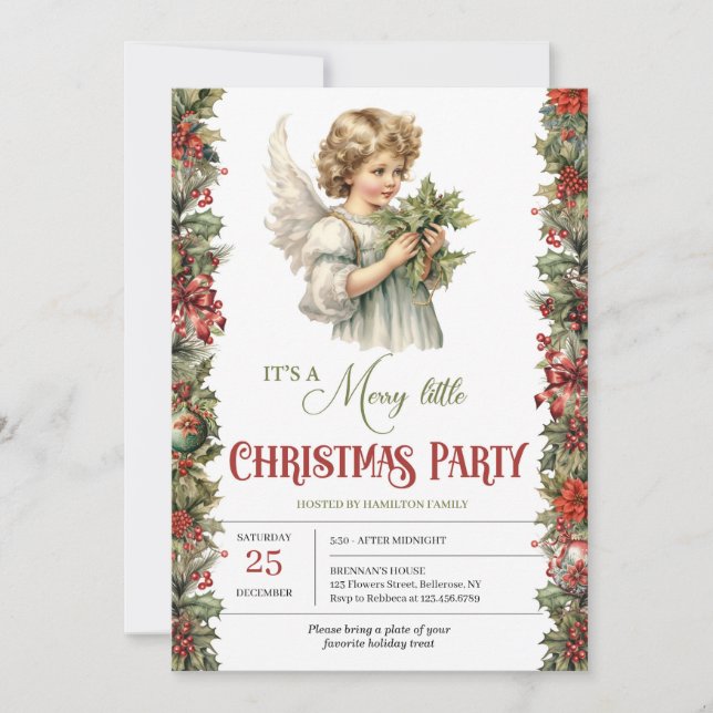 Christmas Victorian Angel with holly berry Invitation (Front)