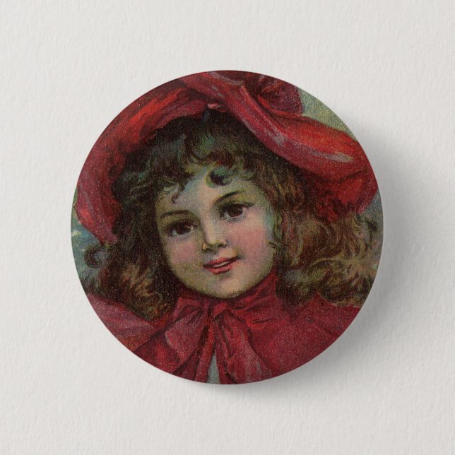 Christmas Victorian Child Red Hat Girl Portrait Ar 6 Cm Round Badge (Front)