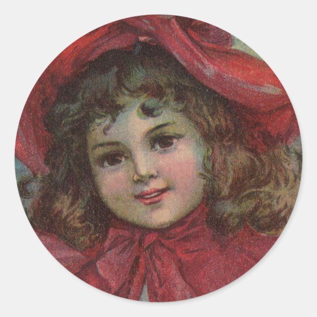Christmas Victorian Child Red Hat Girl Portrait Ar Classic Round Sticker (Front)