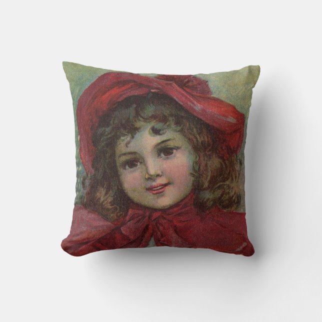 Christmas Victorian Child Red Hat Girl Portrait Ar Cushion (Front)