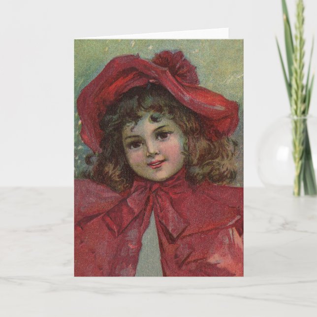 Christmas Victorian Child Red Hat Girl Portrait Ar Holiday Card (Front)