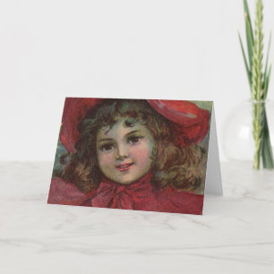 Christmas Victorian Child Red Hat Girl Portrait Ar Holiday Card