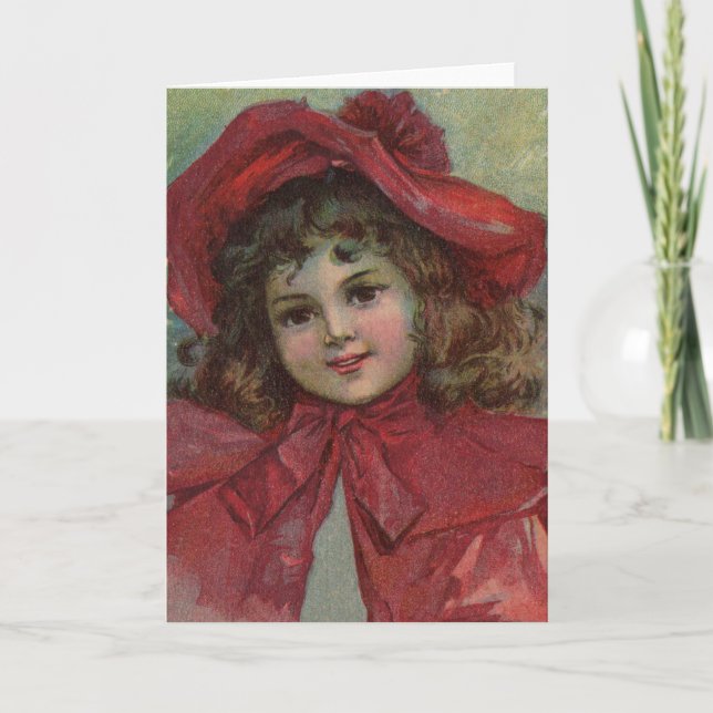 Christmas Victorian Child Red Hat Girl Portrait Ar Holiday Card (Front)