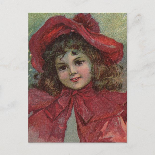 Christmas Victorian Child Red Hat Girl Portrait Ar Holiday Postcard (Front)