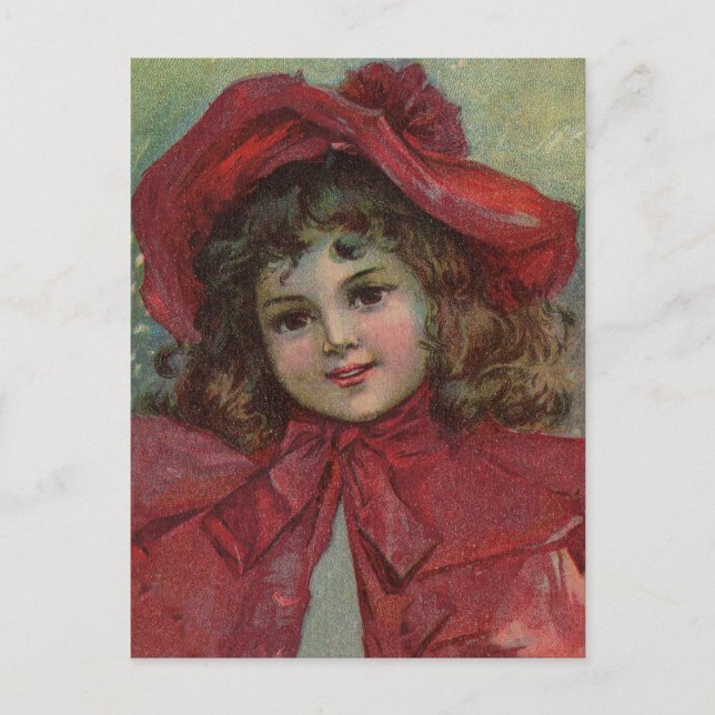 Christmas Victorian Child Red Hat Girl Portrait Ar Holiday Postcard (Front)