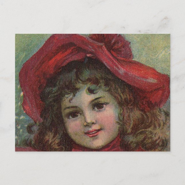 Christmas Victorian Child Red Hat Girl Portrait Ar Holiday Postcard (Front)