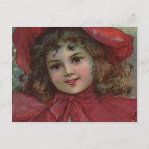Christmas Victorian Child Red Hat Girl Portrait Ar Holiday Postcard