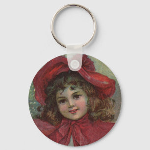 Christmas Victorian Child Red Hat Girl Portrait Ar Key Ring