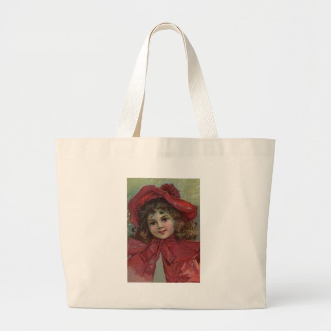 Christmas Victorian Child Red Hat Girl Portrait Ar Large Tote Bag (Front)