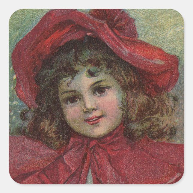 Christmas Victorian Child Red Hat Girl Portrait Ar Square Sticker (Front)