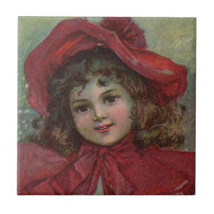 Christmas Victorian Child Red Hat Girl Portrait Ar Tile