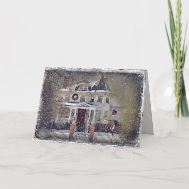Christmas Victorian House in snow Holiday Card (Front)