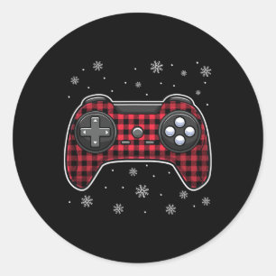 Christmas Video Game Controller Red Plaid Gamer Bo Classic Round Sticker