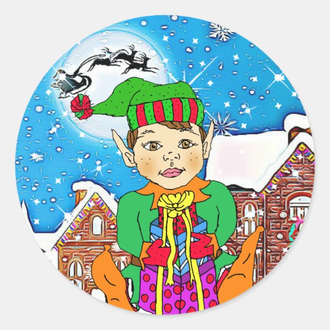 Christmas Village and Elf Holiday Classic Round Sticker (Front)