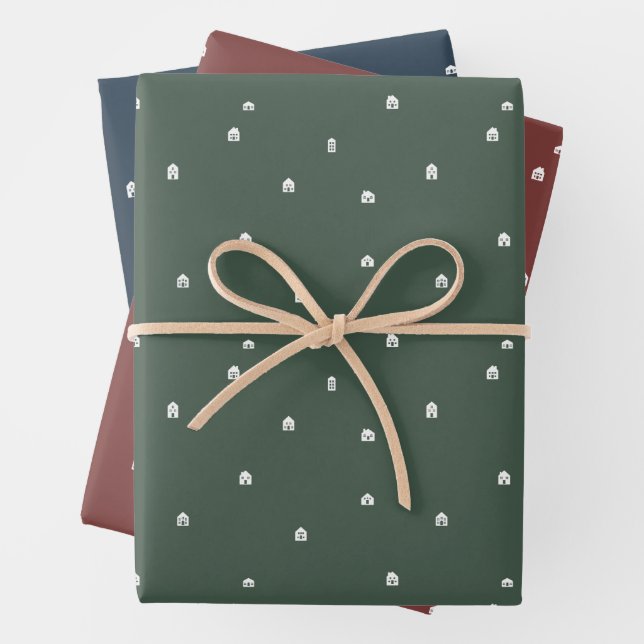 Christmas village cute simple three colour holiday wrapping paper sheet (In situ)