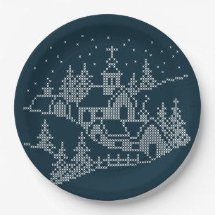 Christmas village embroidery, nordic holy night paper plate