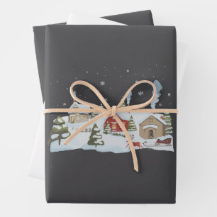 Christmas Village Holiday Farm Holiday Vintage Wrapping Paper Sheet