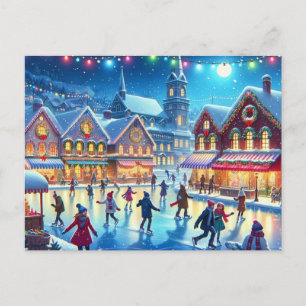 Christmas Village Ice Skating Scene Painting Postcard