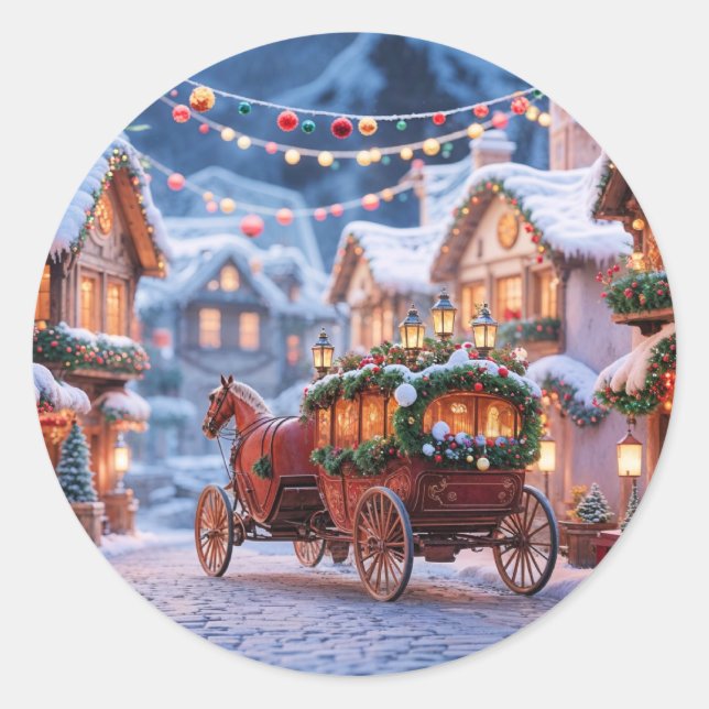 Christmas village illustration classic round sticker (Front)