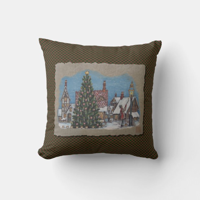 Christmas Village Lamplighter Cushion (Front)