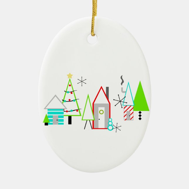 christmas village mid century modern ceramic tree decoration (Front)