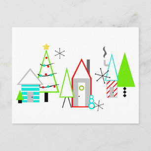 christmas village mid century modern holiday postcard