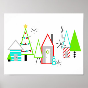 christmas village mid century modern poster