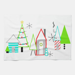 christmas village mid century modern tea towel