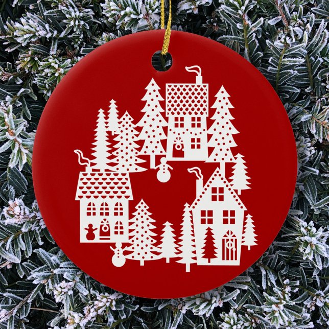 Christmas Village Red and White Ceramic Tree Decoration (Red and white Christmas Village ceramic ornament)