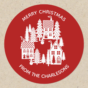 Christmas Village Red and White Classic Round Sticker