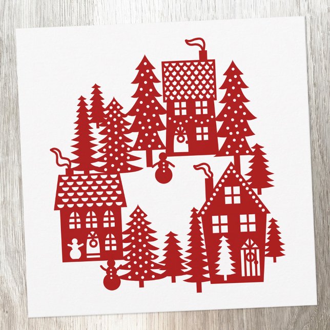 Christmas Village Red and White Holiday Card (Red and white Christmas Village card.)