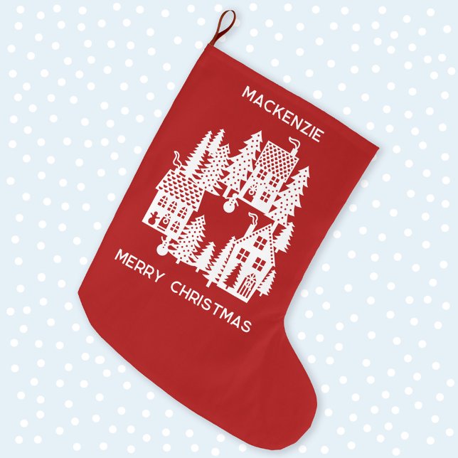 Christmas Village Red and White Personalised Large Christmas Stocking (Christmas Village red and white personalized festive stocking)