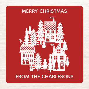 Christmas Village Red and White Personalised Square Sticker