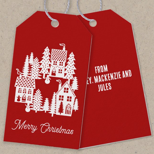 Christmas Village Red White Gift Tags (Red and white personalized Christmas Village gift tags)