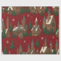 Christmas Village | Red with Snowy Houses & Pines