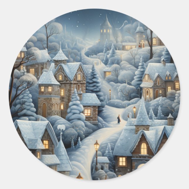 Christmas Village Scene Classic Round Sticker (Front)