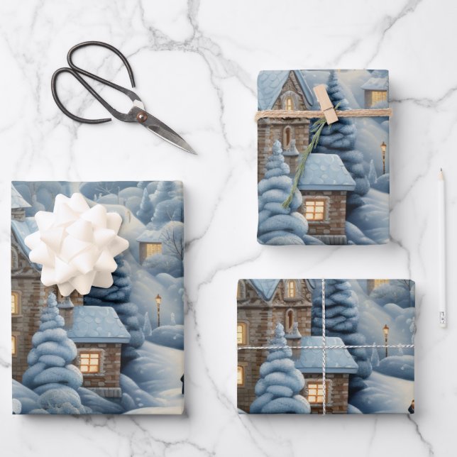 Christmas Village Scene Wrapping Paper Sheet (Front)