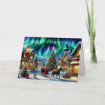 Christmas Village Snowy Scene Painting Foil Holiday Card<br><div class="desc">A picturesque winter wonderland scene unfolds, with a charming snow-covered village bathed in the ethereal glow of the aurora borealis. A majestic Christmas tree, adorned with twinkling lights and colourful ornaments, stands proudly at the centre of the town square. A horse-drawn sleigh, gleaming with festive cheer, waits patiently for its...</div>