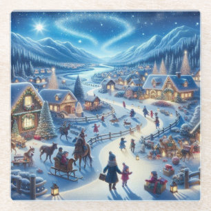 Christmas Village Snowy Scene Painting Glass Coaster