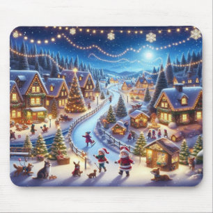 Christmas Village Snowy Scene Painting Mouse Mat