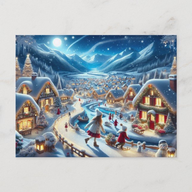 Christmas Village Snowy Scene Painting Postcard (Front)