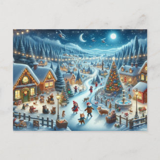 Christmas Village Snowy Scene Painting Postcard