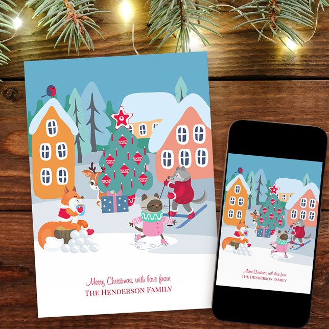 Christmas Village Square with Woodland Animals Holiday Card (Whimsical Christmas Card. Buy professionally printed or as a printable digital download.)