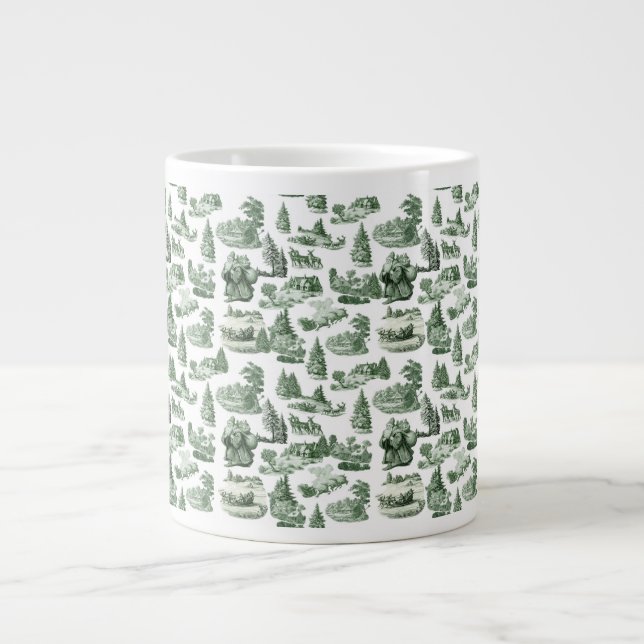 Christmas Village Themed Green Toile Design Large Coffee Mug (Front)